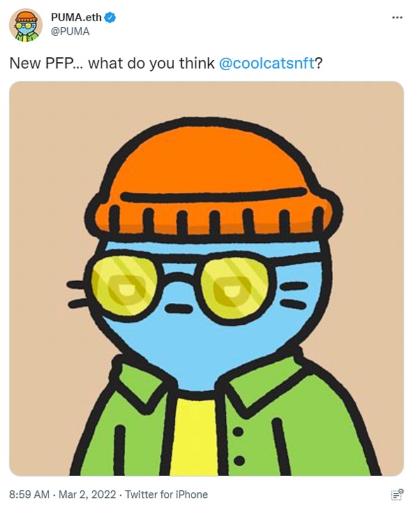 PUMA官推更換Cool Cats NFT頭像 PUMA官推更換Cool Cats NFT頭像