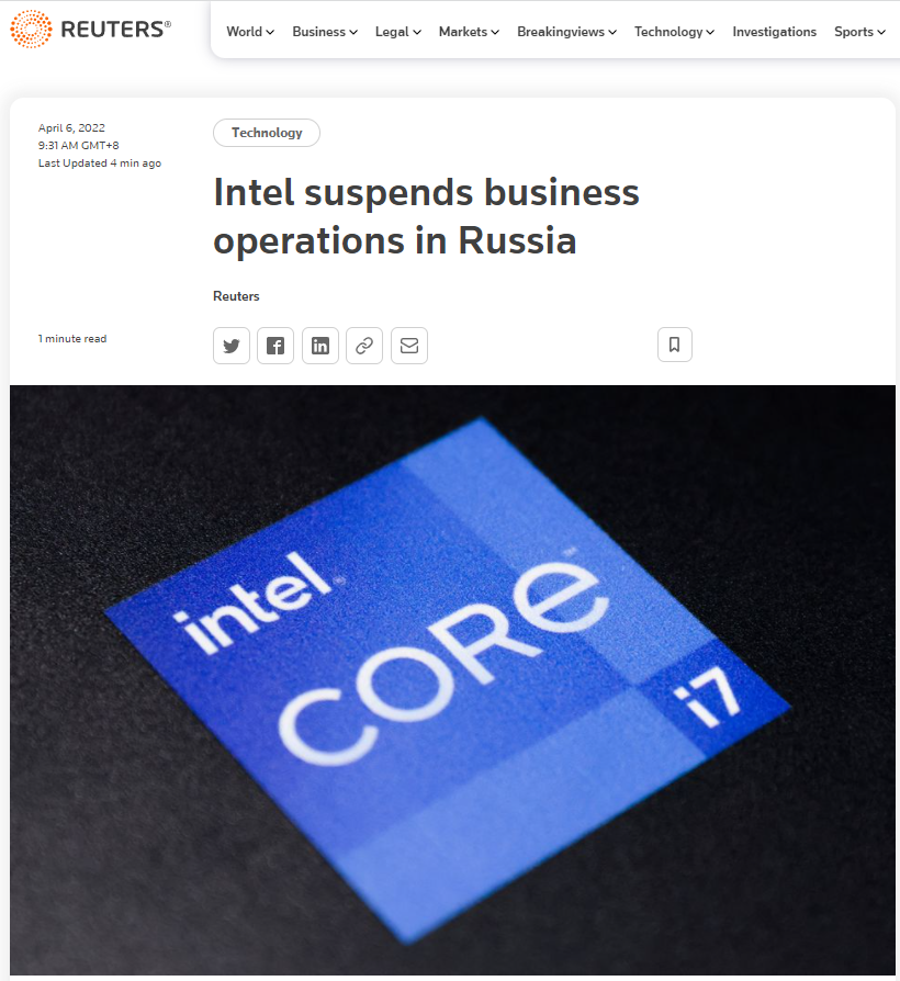 英特爾暫停在俄羅斯的所有業務運營