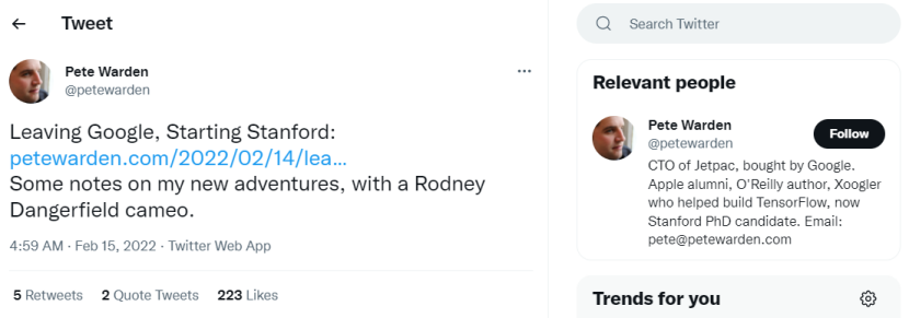 突發!TensorFlow技術主管皮特·沃登離職,重返斯坦福讀博:我在谷歌“太難了” 突發!TensorFlow技術主管皮特·沃登離職,重返斯坦福讀博:我在谷歌“太難了”